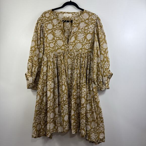 Daughters Of India Kyra Mini Dress XL Olive Floral Balloon Sleeve Boho Indie - Picture 15 of 16